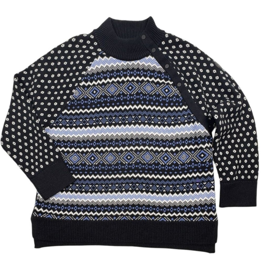 T by Talbots Thermolite Snap Mockneck Fair Isle Sweater Black Blue XL